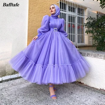 Bafftafe צנוע המוסלמים שרוולים ארוכים הרשמית שמלות לנשף קו צוואר גבוה עם קפלים באורך קרסול נשים שמלת ערב שמלות המפלגה