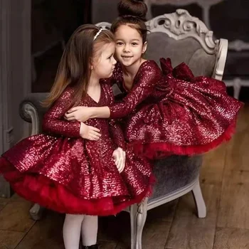 פרח שמלת ילדה ורודה טול נפוחה נצנצים עם קשת שרוול ארוך ילדה קטנה חתונה, מסיבת יום הולדת הטקס הראשון של החג השמלה