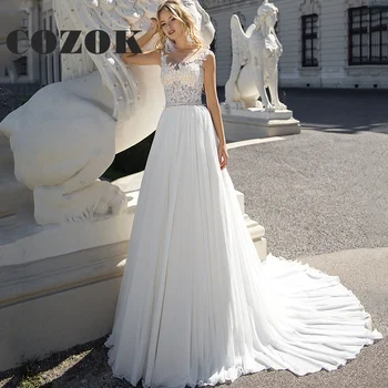 ללא שרוולים באורך רצפת שמלות חתונה או הצוואר אשליה אפליקציות תחרה קו שמלות כלה החלוק De Mariée מותאם אישית Y77W