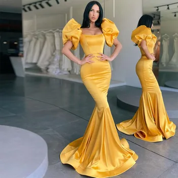 2023 בתולת ים סאטן שמלות ערב פאף שרוולים צהוב זמן הנשף דובאי נשים רשמית מפלגה שמלות Vestido De Gala גלימות דה לנשף