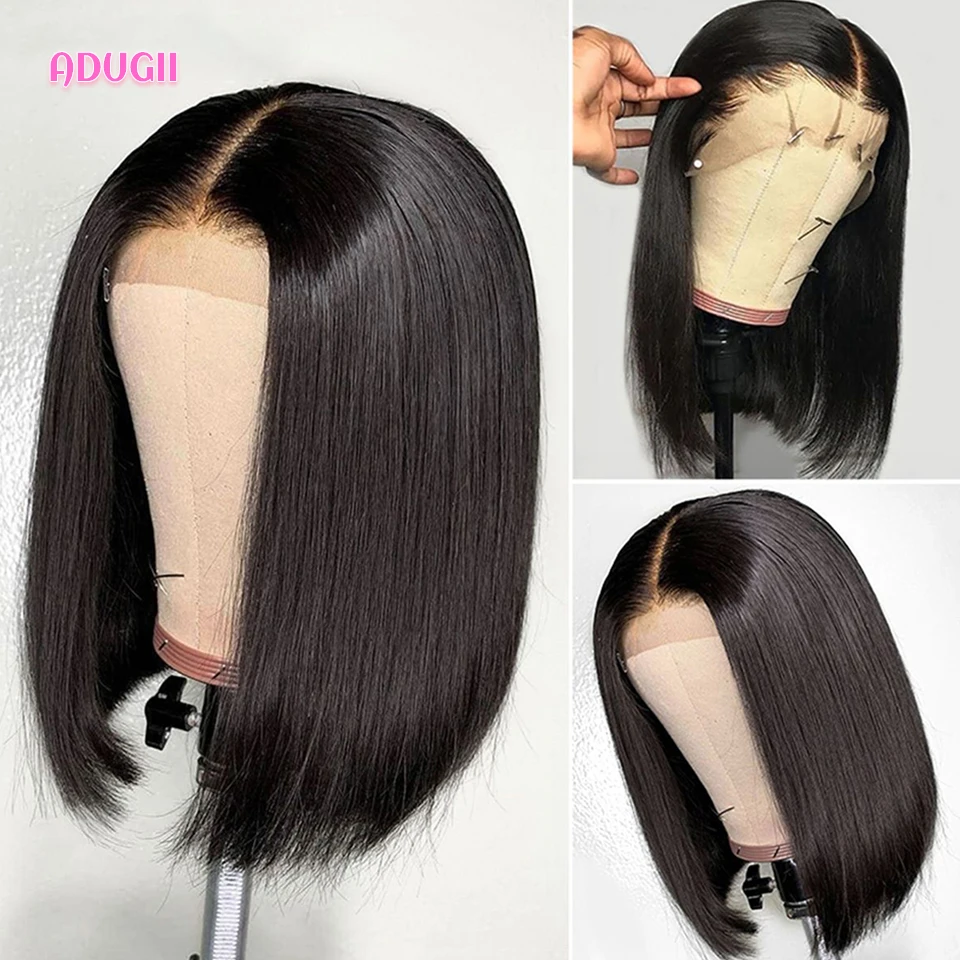 Adugii שיער ישר פאה הקדמי של תחרה ברזילאי שיער בוב הקדמי של תחרה פאות קצרות בוב פאה 100% Humain שיער הפאה הקדמית לנשים