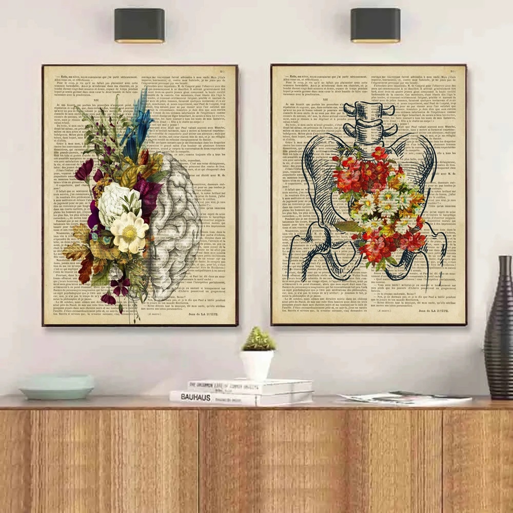 בציר האנטומיה האנושית Haslet לב בד הציור רטרו שלד פרחוני אמנות קיר פוסטרים הדפסים תמונות מרפאה חדר עיצוב הבית