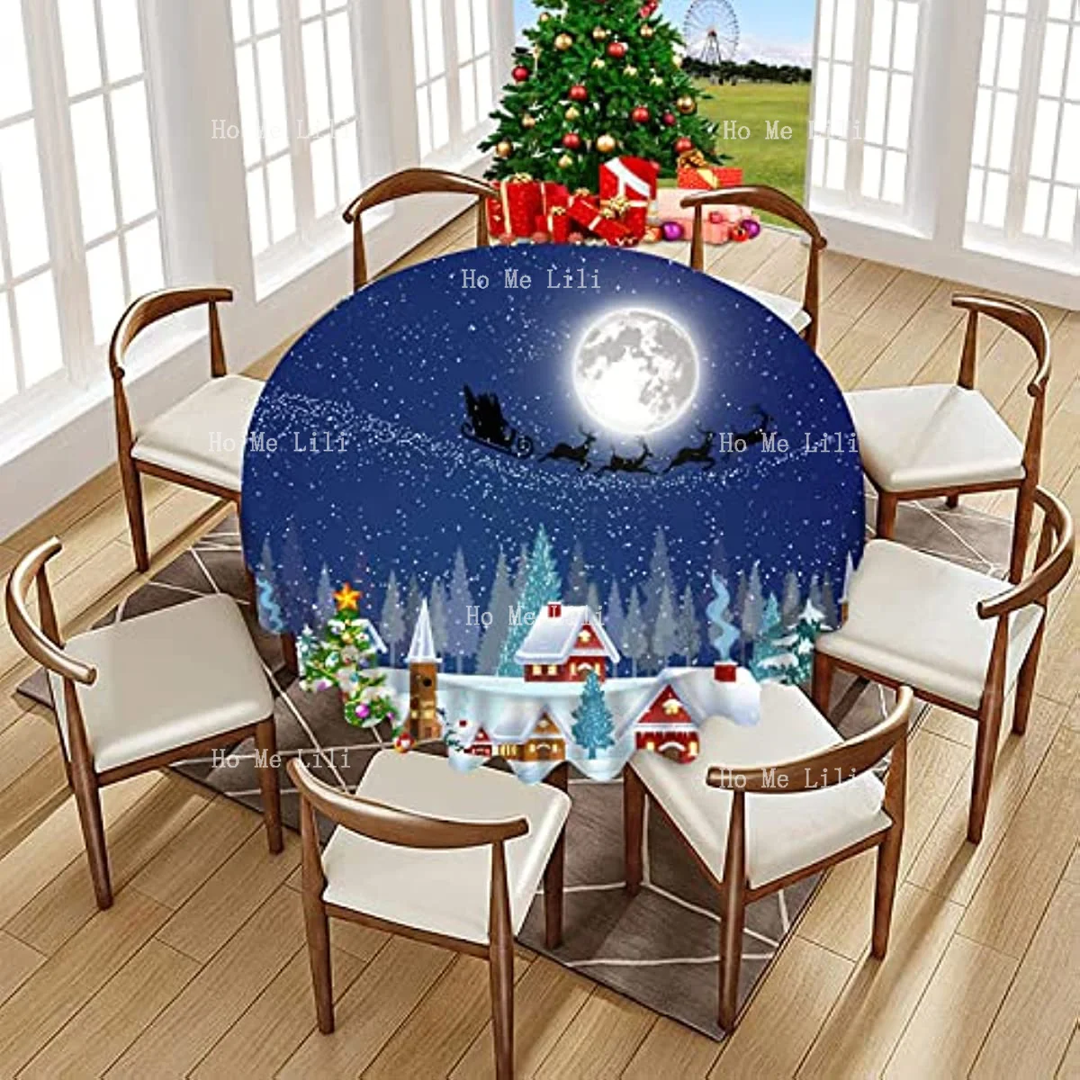 חורף שלג חג המולד סנטה קלאוס במזחלת הירח מתנה שלג כוכבים Holiday מפת שולחן עגול