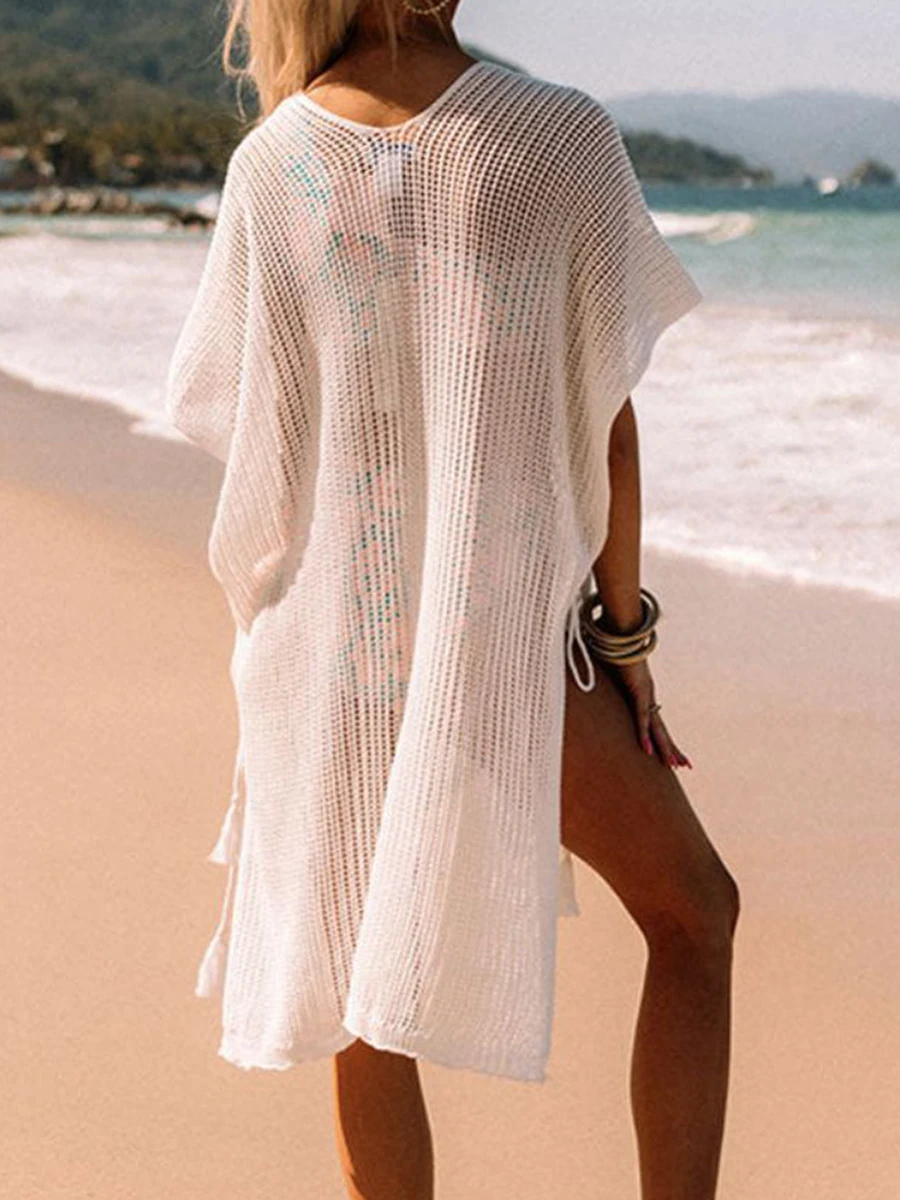 נשים ביקיני לכסות עליות Y2K מקרית מוצק צבע שרוול קצר סקסי V צוואר לסרוג Beachwear הקיץ החדש הולו נקבה חולצות בגדים