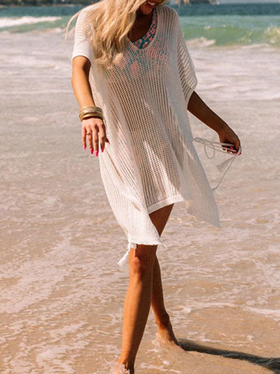 נשים ביקיני לכסות עליות Y2K מקרית מוצק צבע שרוול קצר סקסי V צוואר לסרוג Beachwear הקיץ החדש הולו נקבה חולצות בגדים