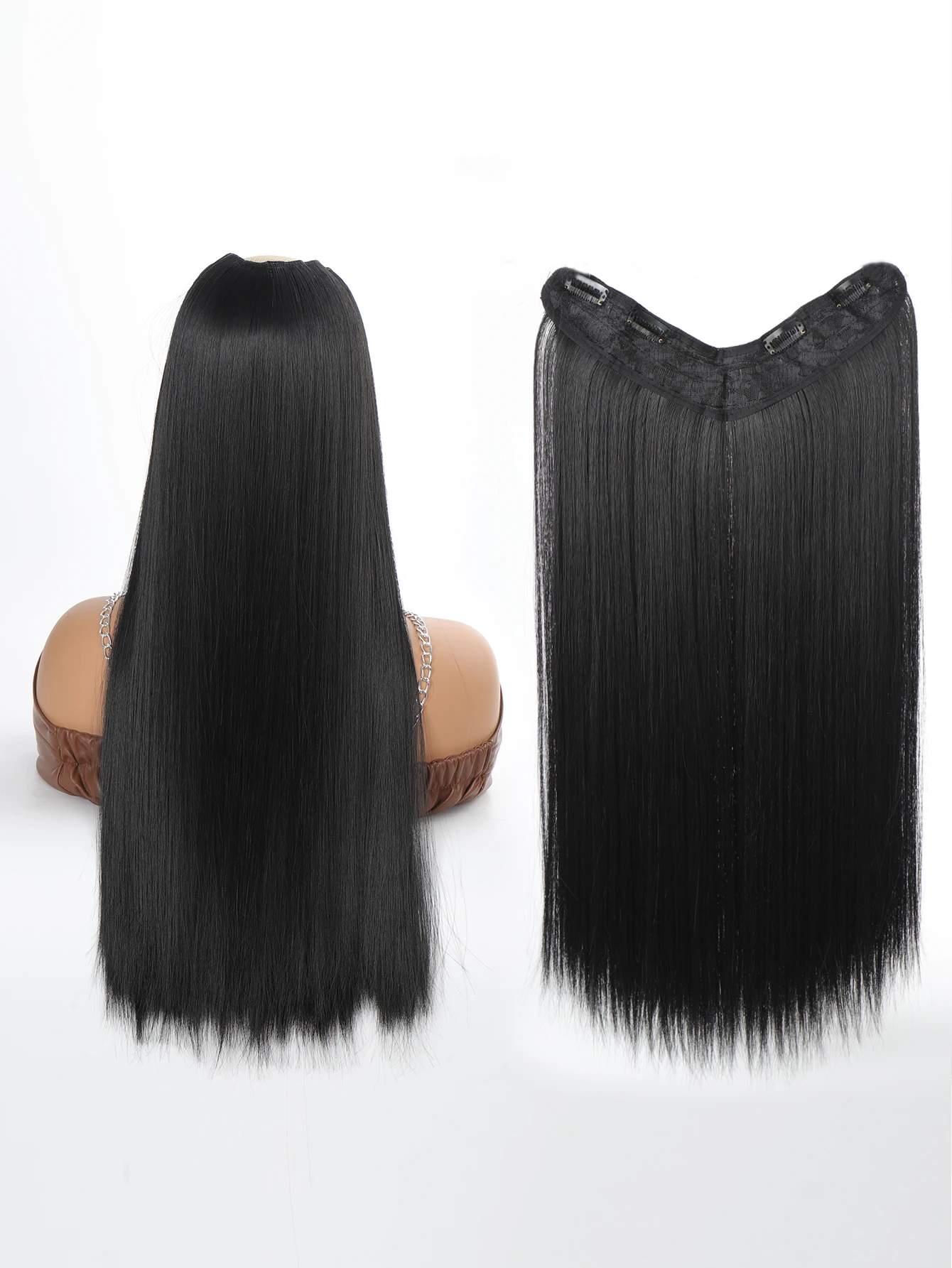 סינתטי ארוך ישר בצורת V הארכת שיער הפאה 24 אינץ ' שחור טבעי, חום 4 קליפ בחתיכה אחת