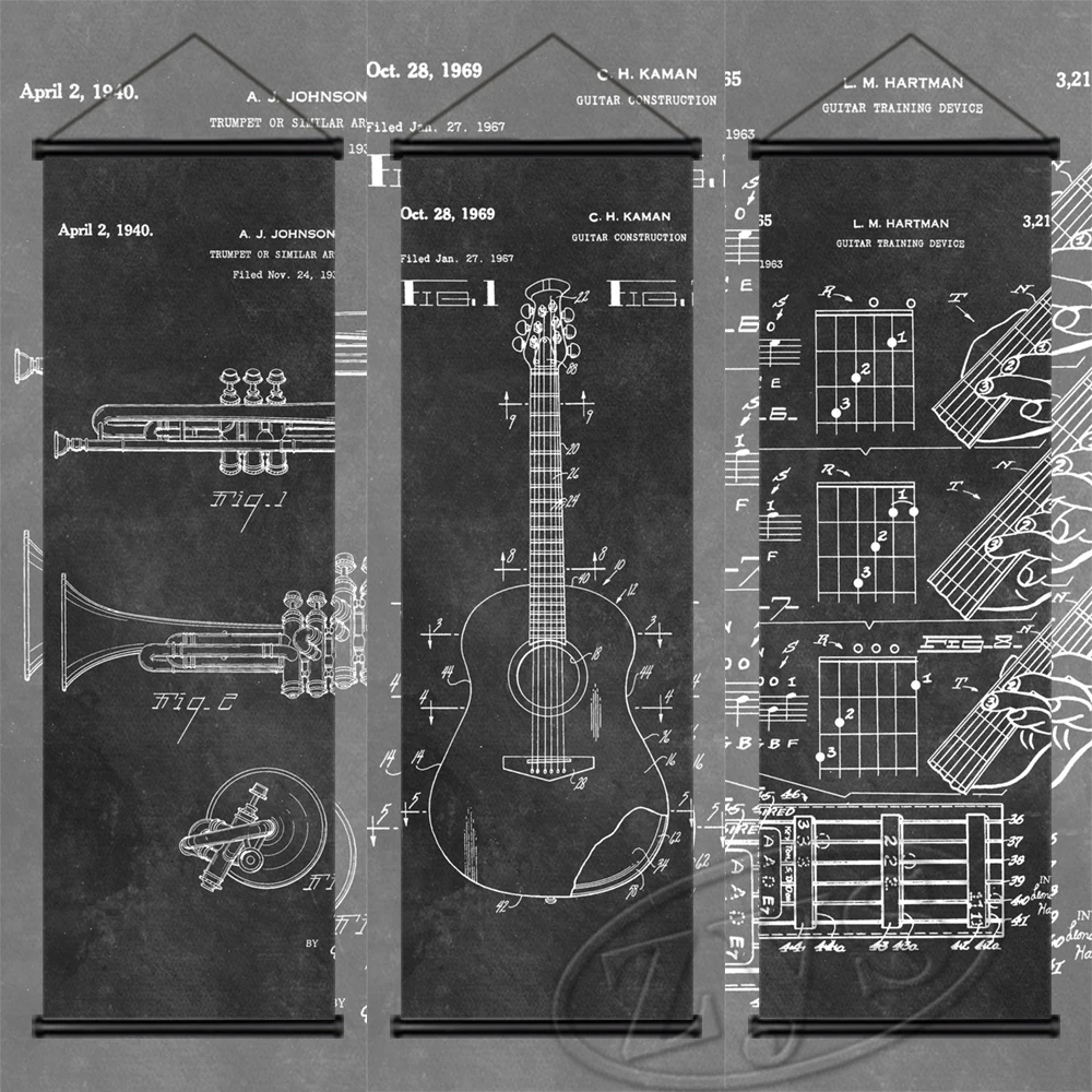 פטנטים מוסיקה פוסטר תלוי מגילות קיר אמנות הגיטרה בד ציור קלאסי הקיר תמונה הורים לילד בבית Cuadros קישוט