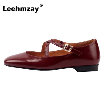 Leehmzay גודל 34-40 נשים בלט שטוחות, נעלי עור אמיתי חוצה רצועת עקבים נמוכים נעלי 2024 אביב ההגירה אדום מזדמנים מדי יום למשרד
