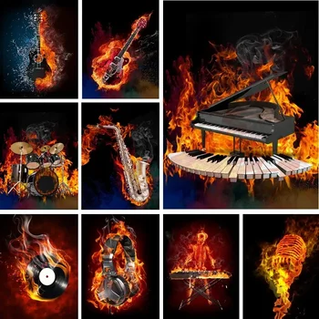 DIY 5D אש גיטרה פסנתר תופים יהלום ציור ערכות למבוגרים, מלא עגול רקמה,ציורים, DIY אמנות ציור אמנות
