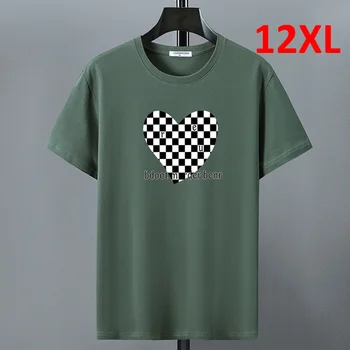 אנשים ירוק חולצה קיץ חולצת טי כותנה חולצת 12XL גדול גודל שרוול קצר חולצות Tees זכר שחור לבן משובץ הלב הדפסה