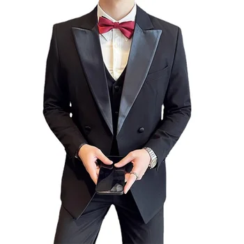 שחור קלאסי זוגי עם חזה חליפת חתונה גברים ביגוד 2024 אנשים חדשים של עסקים חברתיים השמלה Slim Fit 3-piece סט