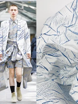 לבן טבעי קפלים כחולה משני ממוחזר מרקם החולצה מזוודות בגדים יצירתיים מעצבת בדים