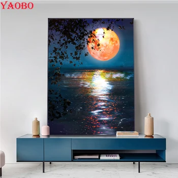 5D יהלום ציור מופשט הירח אגם נוף מלא יהלומים רקמה ריינסטון תמונות לחצות סטיץ ערכות פסיפס עיצוב אמנות