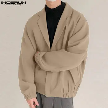 INCERUN 2023 מעילי גברים מוצק צבע רוכסן דש שרוול ארוך מזדמנים זכר מעילים אופנת רחוב קוריאני חופשי מסוגנן הלבשה עליונה S-5XL