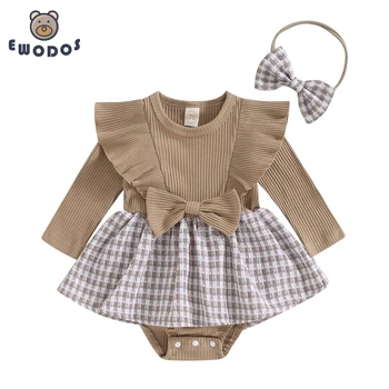 EWODOS התינוק הנולד בנות ליפול Bodysuits הלו הדפס שרוול ארוך בגד גוף שמלה עם קשת לשיער עבור הפעוט הפעוט נופל