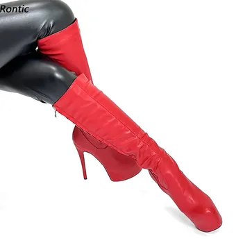 Rontic בעבודת יד נשים חורף פלטפורמת מגפי ברך רוכסן מלא והעקבים עגול הבוהן די אדום אירועים נעליים גודל ארה 