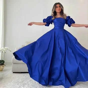 אלגנטית ארוכה בצבע כחול רויאל טפטה שמלות ערב קו סטרפלס באורך רצפת קפלים שמלות לנשף לנשים