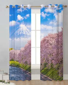 הר פוג ' י עץ דובדבן נוף ענן ואל תלוי וילון לסלון וילון טהור עיצוב הבית וילונות גזה חלון לוחות