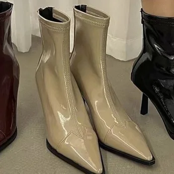 חזרה Zip נשים מגפי עקבים גבוהים נעלי פוינט רוכסן מגפי נשים-נעל עור מחודדות הקרסול שחור 2023 גומי מחודד בוהן המערבי.