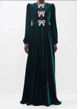 בד קטיפה ירוק O-צוואר שמלות נשף ארוכות שרוולים באורך רצפת קשת קו שמלות ערב אלגנטיות ישר חייט-עשה עבור נשים
