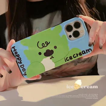 רטרו ירוק חמוד כלבלב צ ' ינגלונג גלידה אמנות הטלפון מקרה עבור iPhone 14 13 12 11 Pro מקס 14 פלוס תיק יוקרה מצויירת כריכה קשה