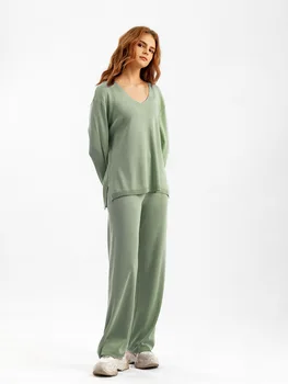 מינימליסטי Za אישה חולצות ומכנסיים בצבע ירוק סרוגים חופשי תלבושת התאמת קבוצות Pullovers ומכנסיים