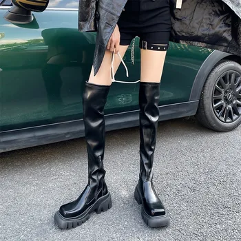 נעלי נשים 2023 רחוב חדש אופנה נשים מעל מגפי ברך סלים היה דק שחור הברך מגפיים גבוהים גותי מגפי פלטפורמה