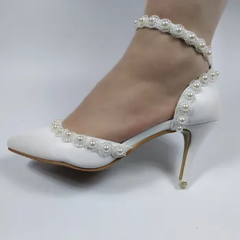BaoYaFang נשים נעלי חתונה לבן פנינה נעלי אישה רצועת קרסול מסיבת משאבות נשית נעלי שרוכים אבזם הנעל