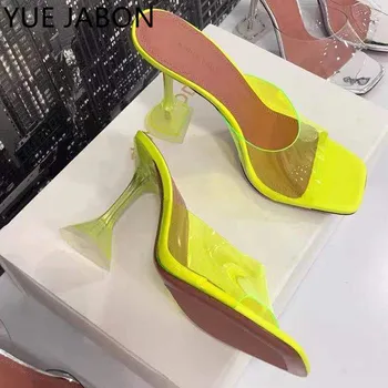 2022 חדש PVC שקוף נשים משאבות נעלי בית אלגנטי הצביע הבוהן עקבים גבוהים גברת פרדות Sildes אופנה הקיץ במסיבה הנשף נעליים