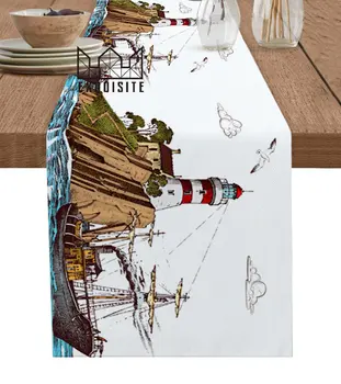 רטרו איור המגדלור ספינה שולחן רץ החתונה שולחן האוכל בד כיסוי מפית מפית בית עיצוב מטבח