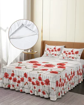פרג אדום פרח לוח העץ החצאית למיטה אלסטי מצויד בכיסוי מיטה עם כרית כיסוי מזרן סט מצעים מיטה זוגית