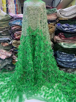 High-End יוקרתי הדוגמנות הצרפתית רשת נוצות חרוזים תחרה בד אפריקאי עם נצנצים בד שמלת החתונה