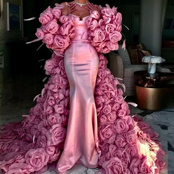 מדהים 3D רוז פרחים שמלות ערב בתולת ים סאטן שמלות ערב עם Starps פלורה רכבת לטאטא מפורסם שמלה ללבוש רשמי