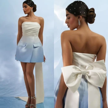 אלגנטי אופנה סטרפלס A-line מיני שמלות קוקטייל קשתות מקפלים טפטה ערב בנות שמלות אירוע מיוחד