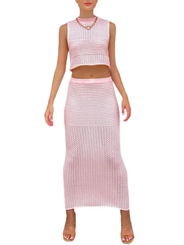 בוהו שיק 2 יצירה סרוגה, חצאית סטים לנשים - Y2K סגנון יבול העליון Bodycon חצאית עבור סקסי קיץ Beachwear ורחצה