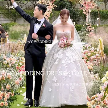 XPAY מתוקה שמלת נשף קוריאה שמלות חתונה תחרה, אפליקציות כלה שמלה ללא משענת חתונה תמונות לירות מותאם אישית שמלת כלה