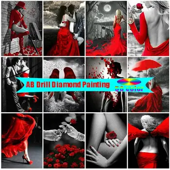 AB Dirll 5D DIY יהלום רקמה אישה פסיפס מכירת שחור אדום יהלום ציור דיוקן תפר לחצות את רוז הביתה קישוטים