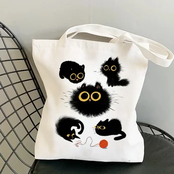 חיות חמוד חתול שחור ההדפסה Eco שקית קניות, שימוש יומיומי מתקפל תיק גדול קיבולת בד תיק נשים