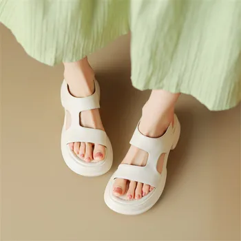 2023 חדש קיץ סנדלי עור מפוצל נעליים עגול הבוהן עקבים עבים פלטפורמת נעלי הרומית סנדלים לנשים בעבודת יד נשים סנדלים