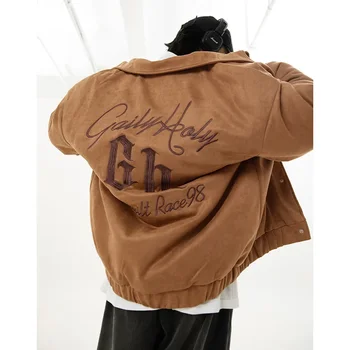 האמריקאי רקום 'קט זמש גברים של סתיו דק וינטאג' Oversize דש הז ' קט נשים BF סגנון רחוב מזדמן מעיל כותנה